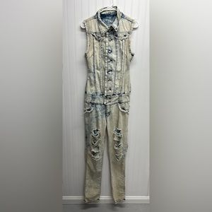 Silver‎ Diva Acid Wash Denim Distressed Back Cutout Jumpsuit